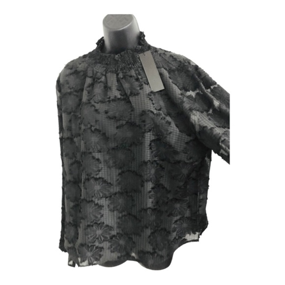 Black floral appliqué look sheer flare sleeve ruffle mock neck blouse top size L